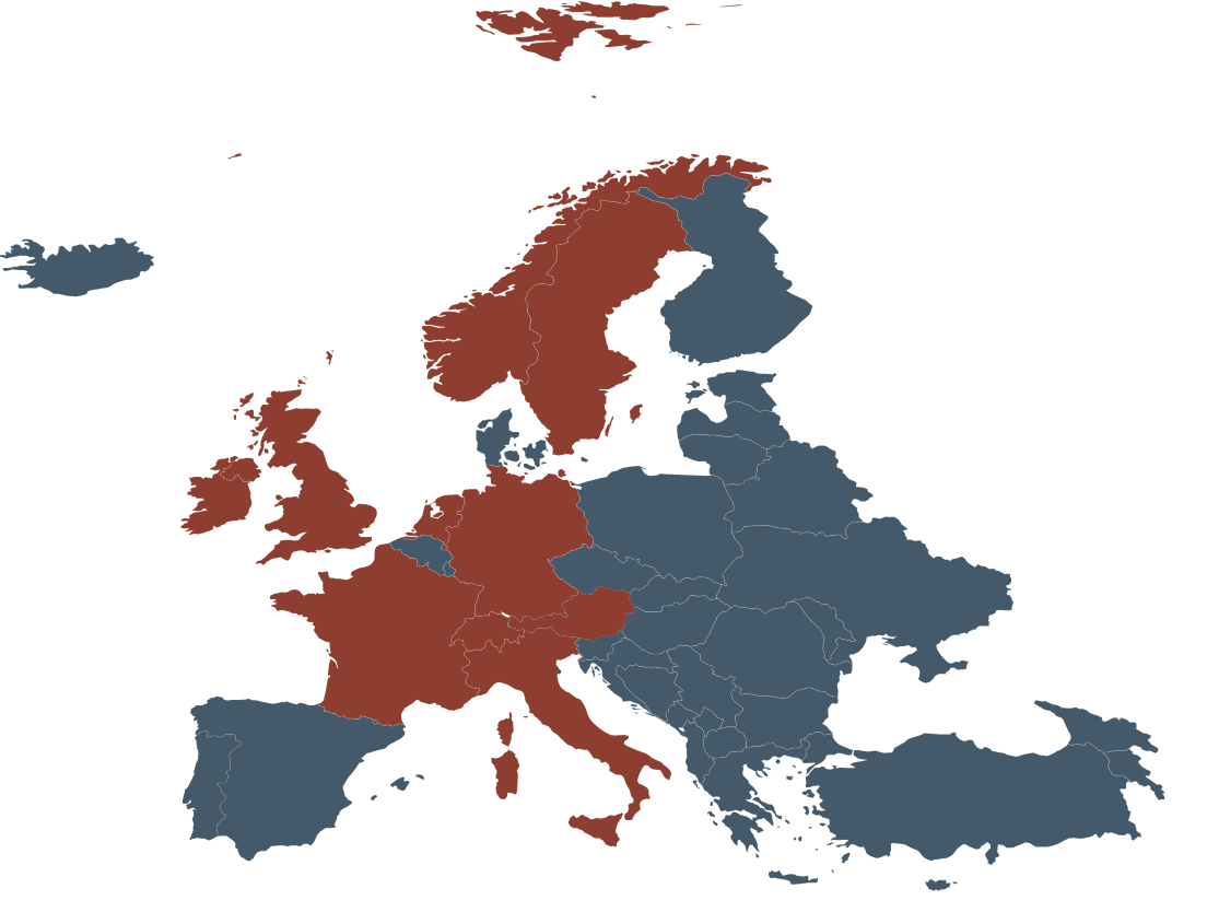 Map showing members of the network: Norway, Sweden, Great britain, Germany, The Netherlands, Luxemburg, Belgium, France, Italy and Austria